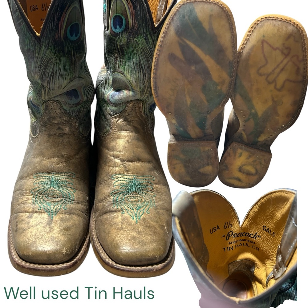 Tin Haul Feather Pattern Boots in Green and Brown